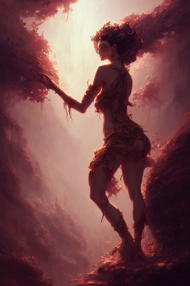 Illustration of female character in ornate attire in mystical forest