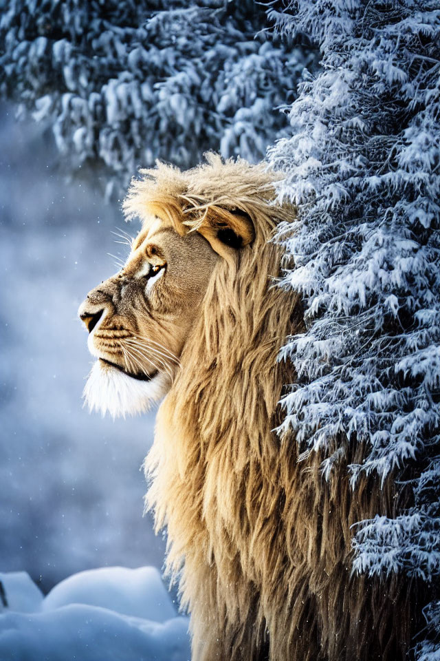 Majestic lion with full mane in snowy forest landscape