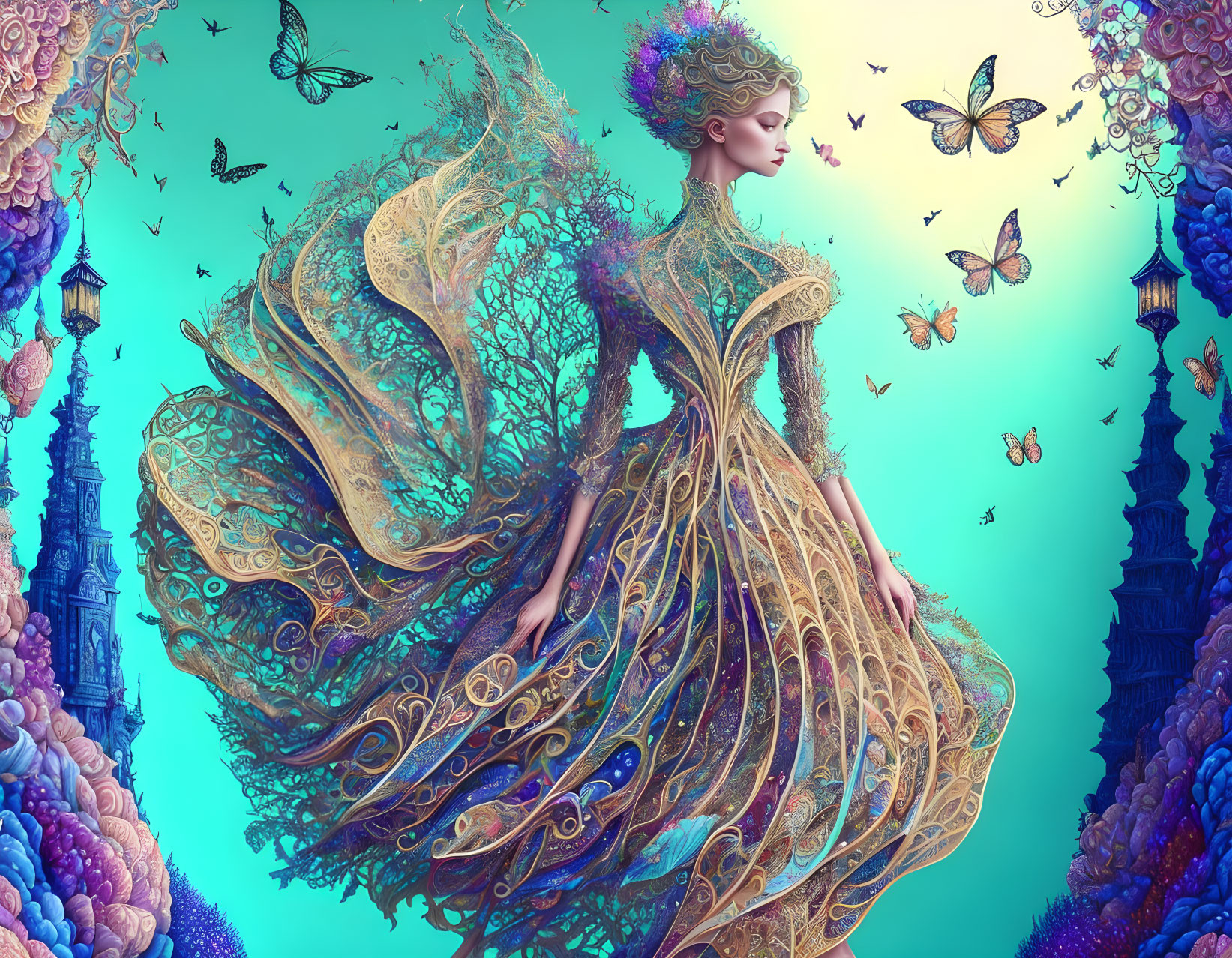 Fantasy artwork of woman in ornate dress with tree-like designs and butterflies.