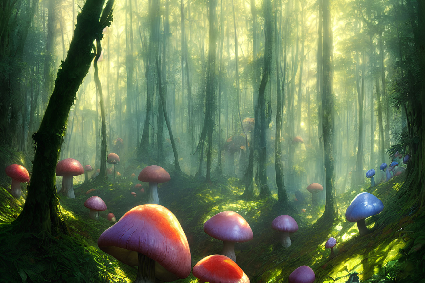 Enchanting sunlight-drenched forest with vibrant mushrooms and hazy tree canopy