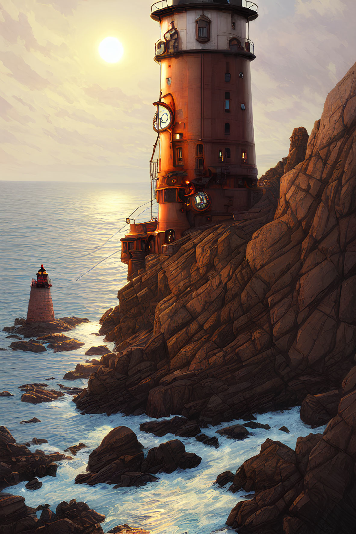 Tall lighthouse on rugged cliffs at sunset overlooking serene ocean waters