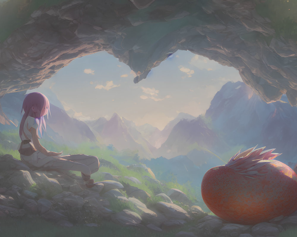 Pink-haired animated girl under archway in mountain landscape with red glowing fruit.