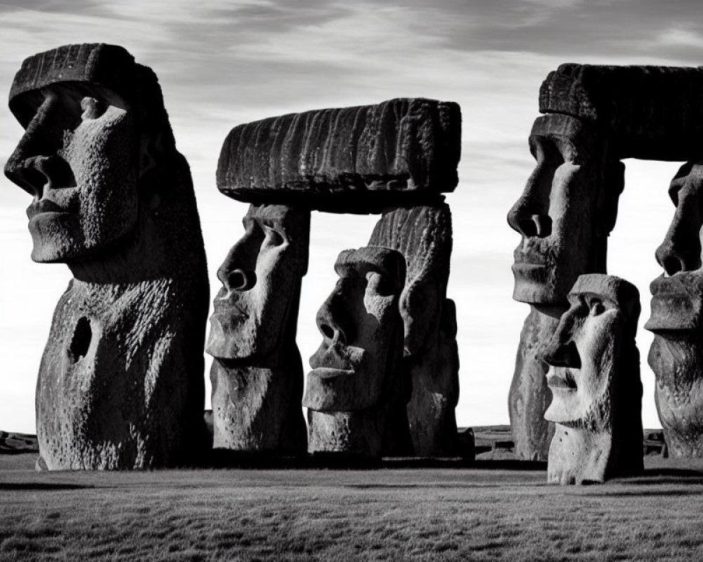 Monochrome photo: Row of Moai statues on Easter Island