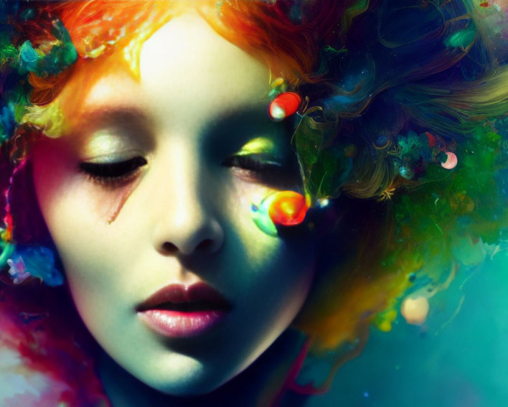 Vibrant surreal portrait with multicolored hair and paint splashes