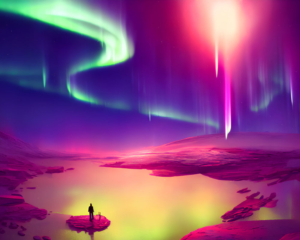 Person standing on rock in colorful alien landscape with vivid auroras and glowing surface