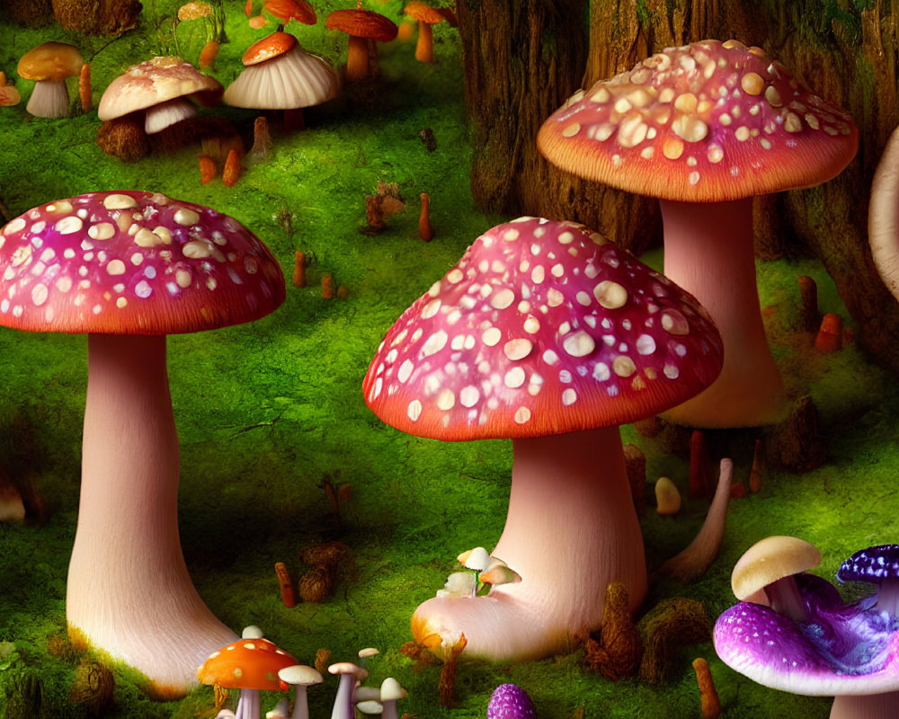 Colorful Mushroom Forest Scene with Dew Drops and Moss