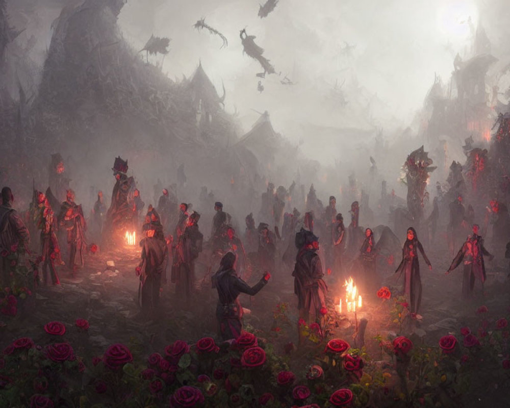 Dark fantasy scene: robed figures, roses, candlelit ritual, flying creatures, mysterious village