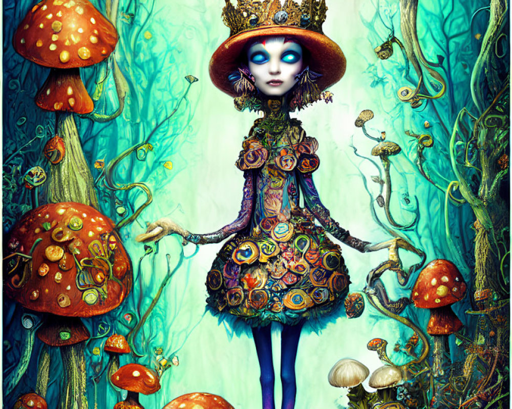 Illustration of royal figure with mushroom cap crown in vibrant enchanted forest.