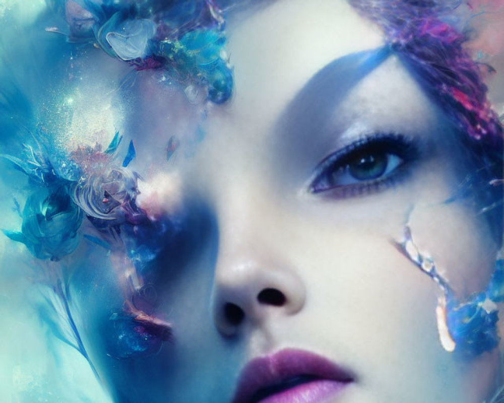 Vibrant blue and purple hues in abstract floral portrait.