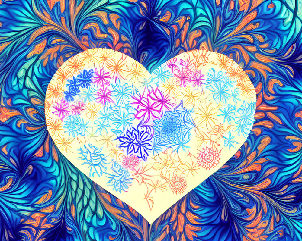 Colorful Psychedelic Background with Swirling Patterns and Central Heart Icon