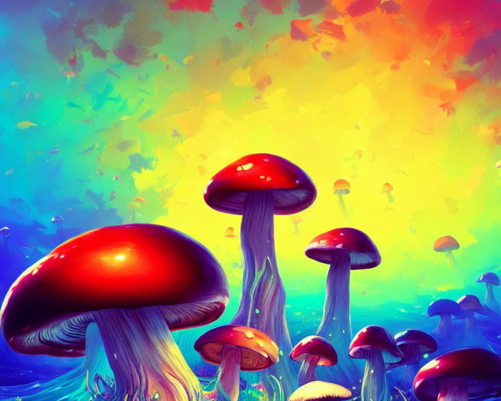 Colorful digital artwork featuring red-capped mushrooms on abstract background.