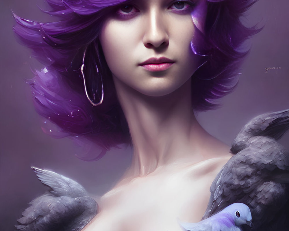 Vibrant purple hair woman with doves in digital portrait