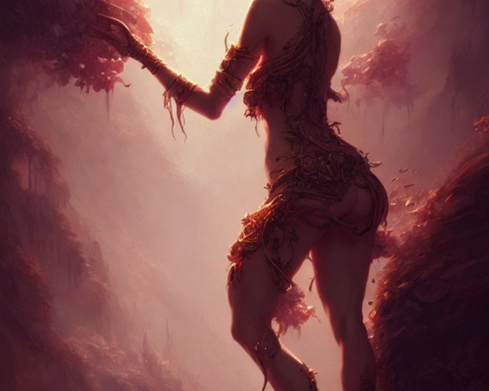 Illustration of female character in ornate attire in mystical forest