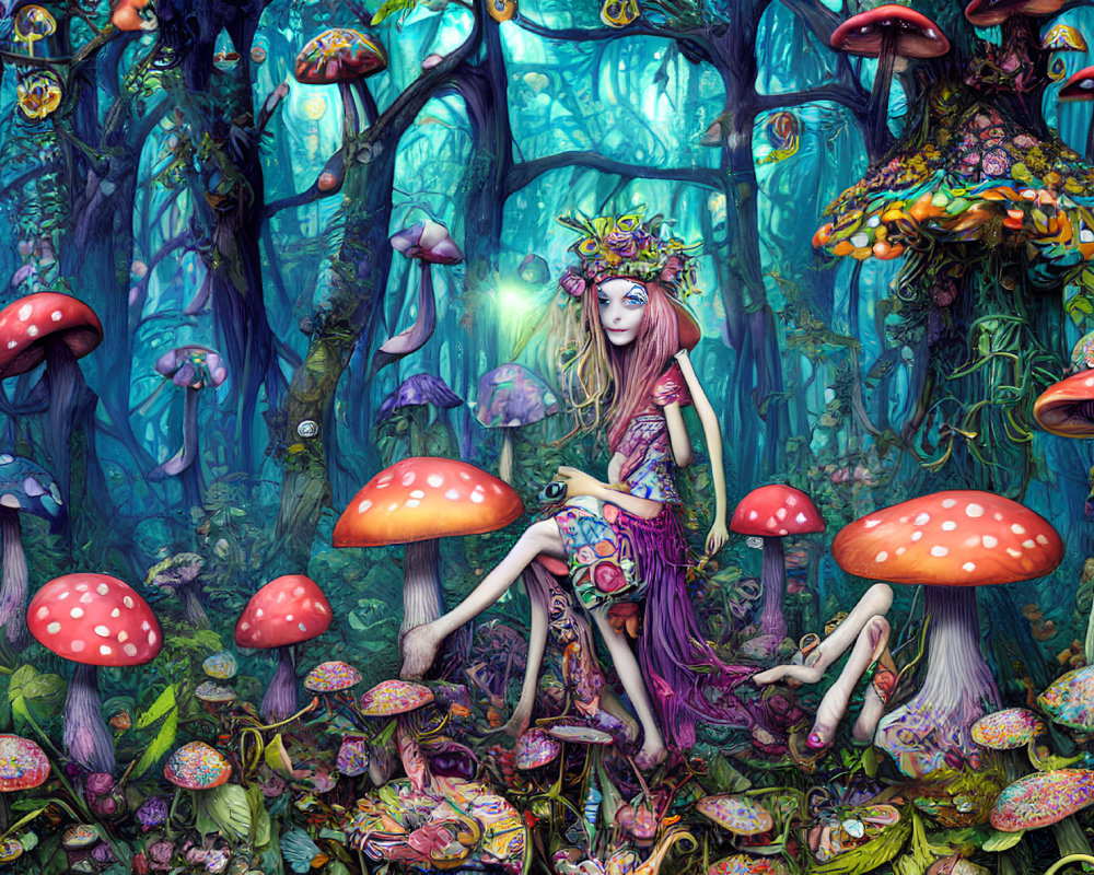 Woman in mystical forest with oversized mushrooms and intricate plants