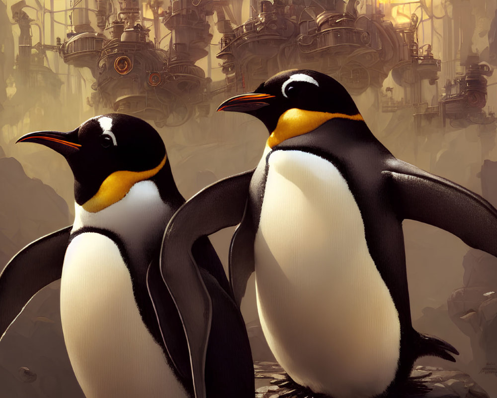 Realistic penguins in industrial setting with warm sepia tones