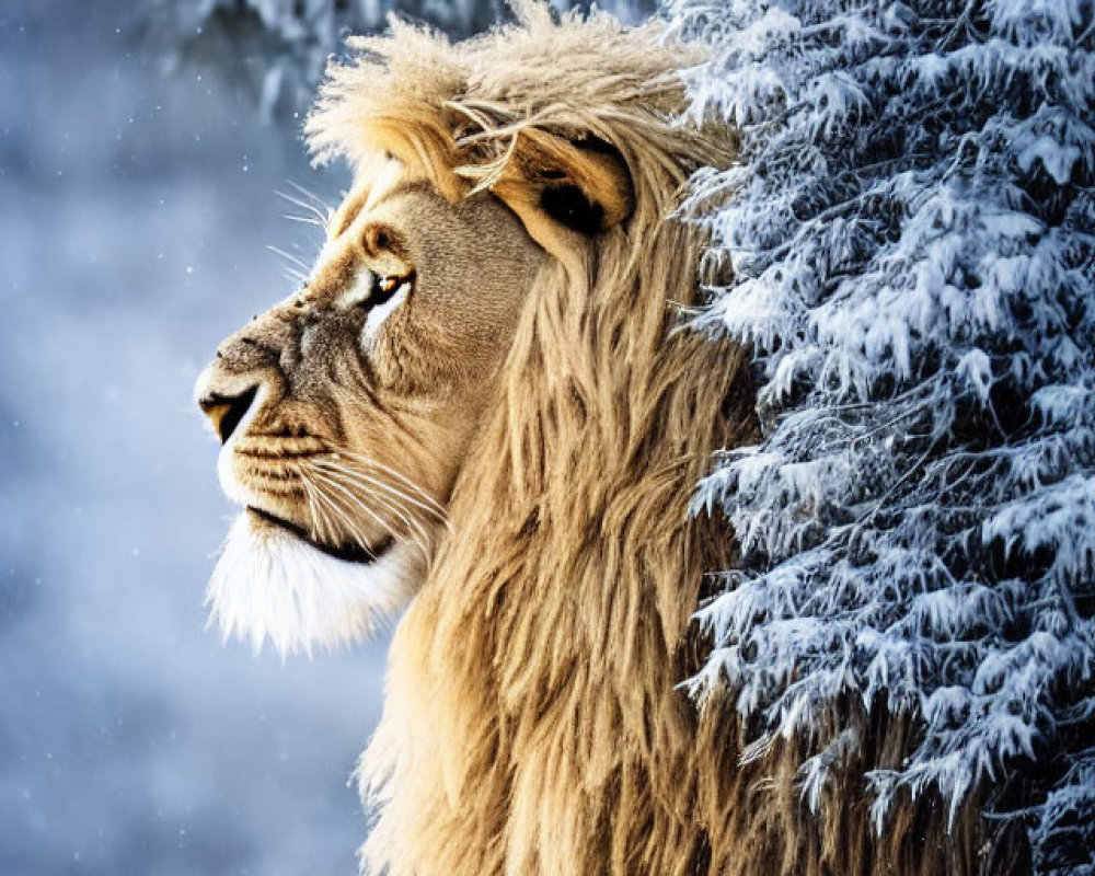 Majestic lion with full mane in snowy forest landscape