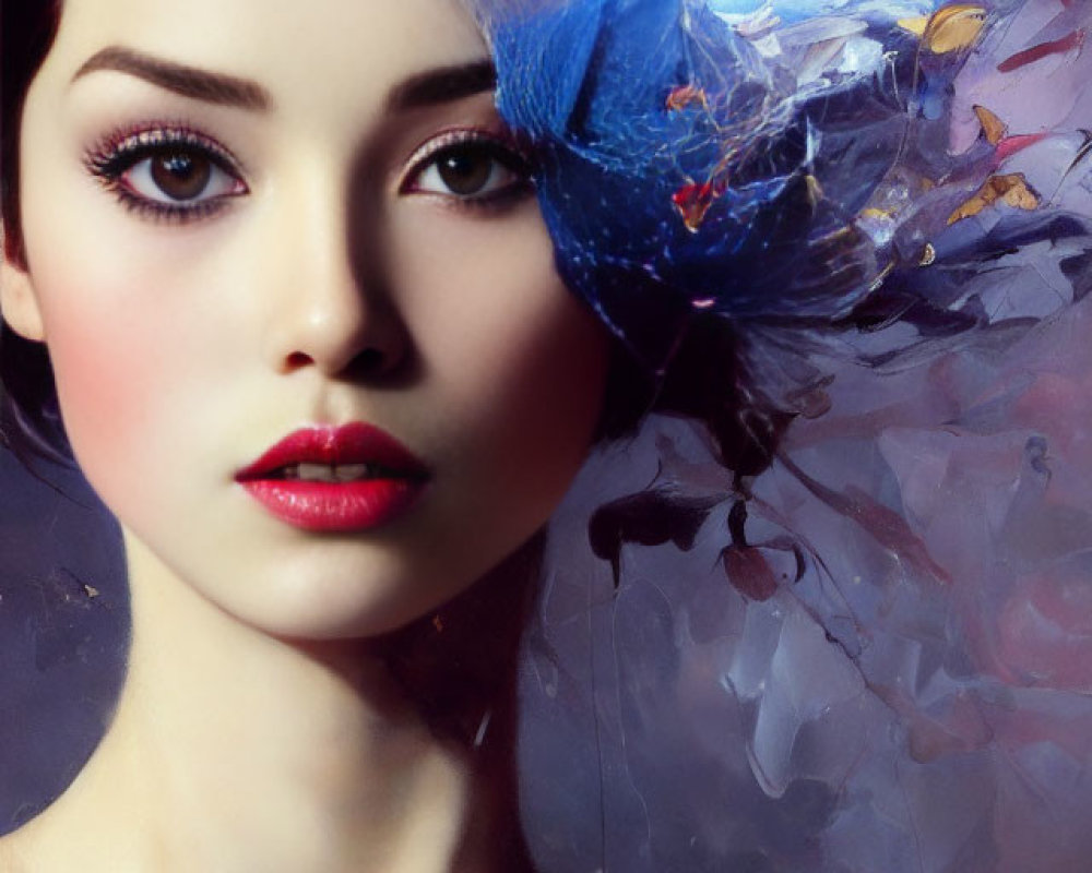 Digital artwork: Woman's portrait merged with abstract fish and flower splash