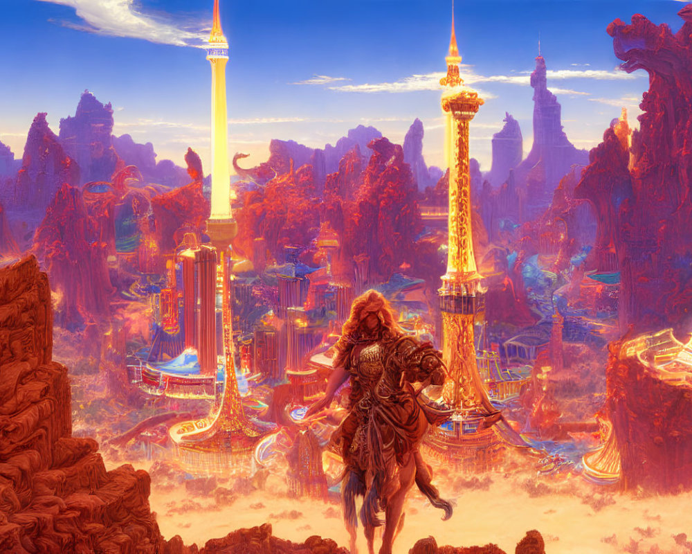 Warrior gazes at fantasy city with tall spires in warm light