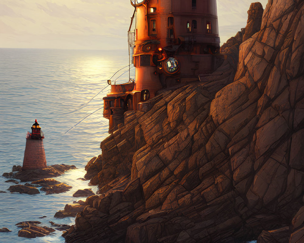 Tall lighthouse on rugged cliffs at sunset overlooking serene ocean waters