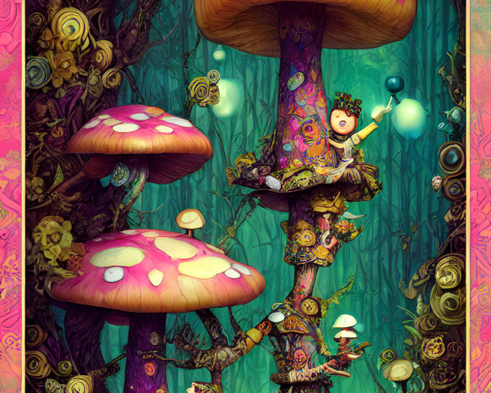 Colorful Fantasy Forest with Oversized Mushrooms and Whimsical Characters