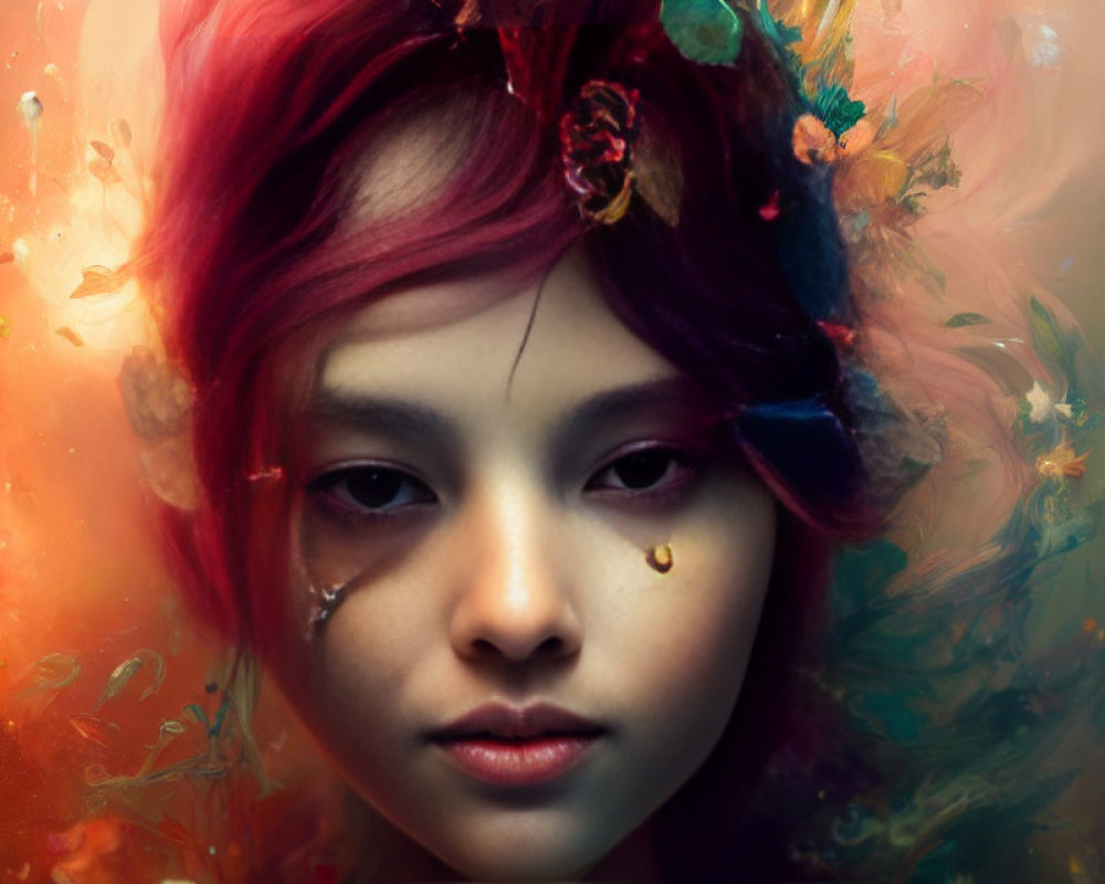 Vibrant red hair and artistic makeup in digital portrait