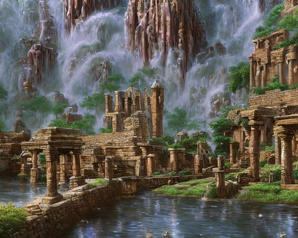 Mystical ancient city with waterfalls and ruins