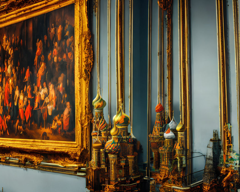 Ornate painting next to mirrored onion-domed towers in luxurious room