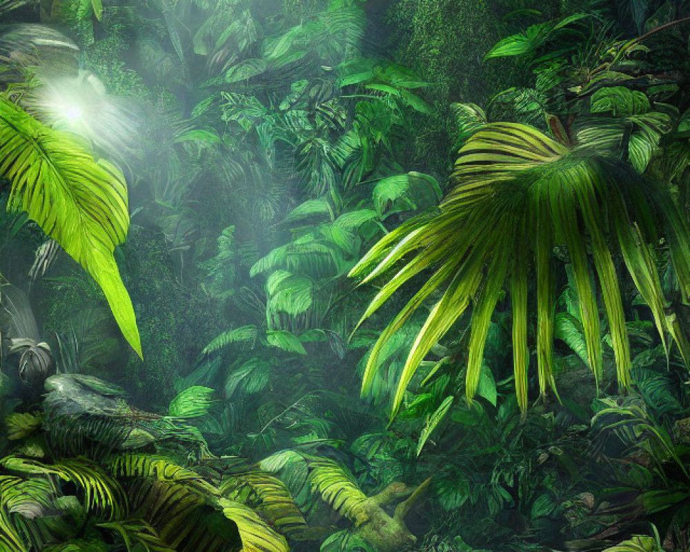 Lush Green Tropical Forest with Sunlight and Stream