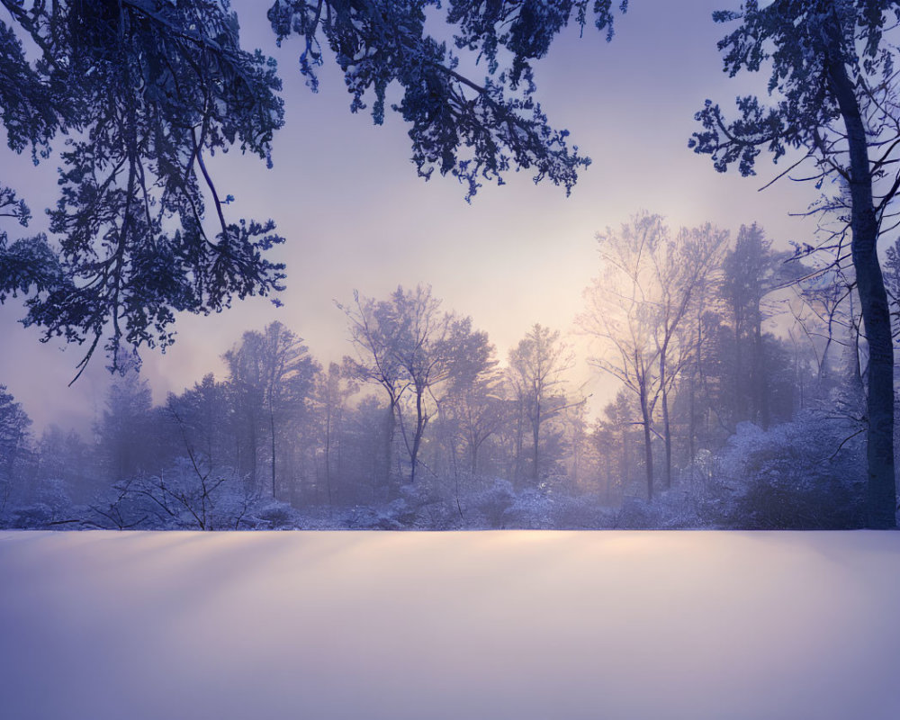 Snow-covered winter landscape with glowing sunrise or sunset