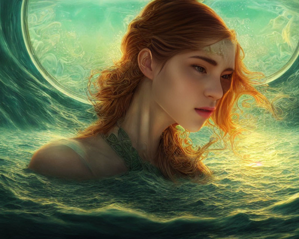 Mystical female figure submerged in water with warm colors