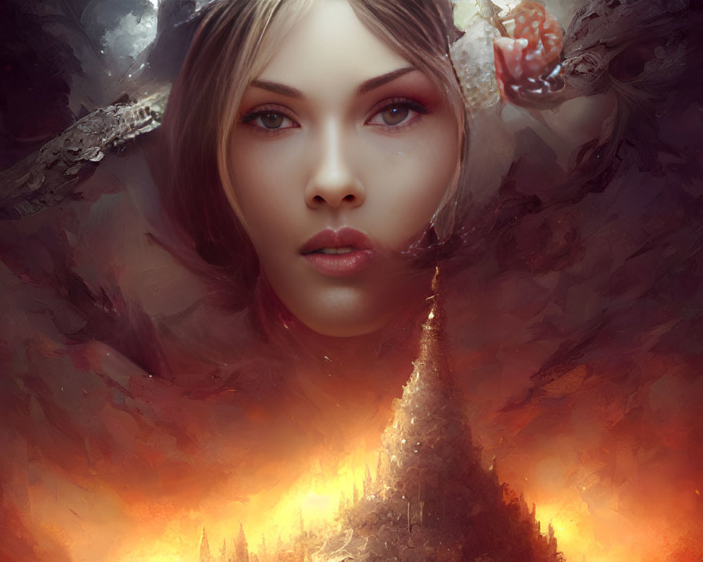 Fantasy portrait of a serene woman in fiery landscape