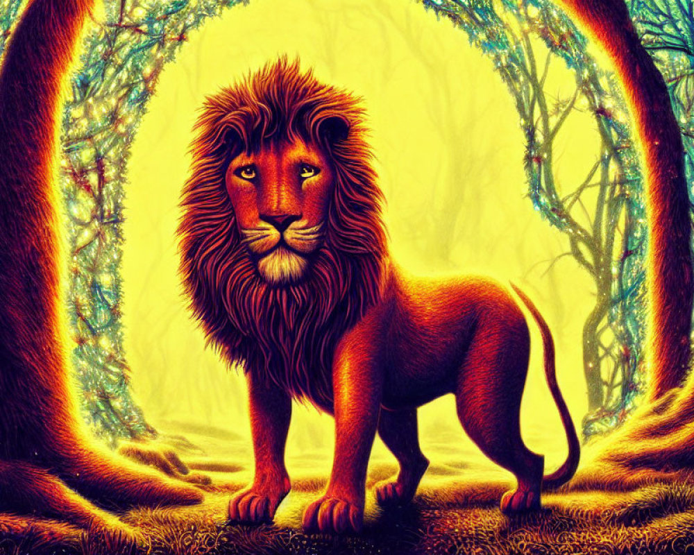 Majestic lion in vibrant forest setting with exaggerated trees