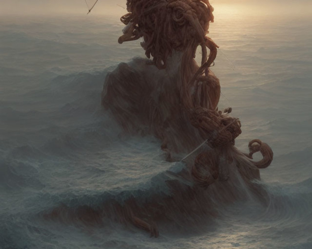 Person riding griffin-like sea creature through misty seas at sunset