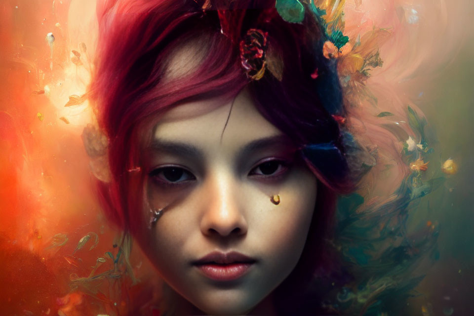 Vibrant red hair and artistic makeup in digital portrait