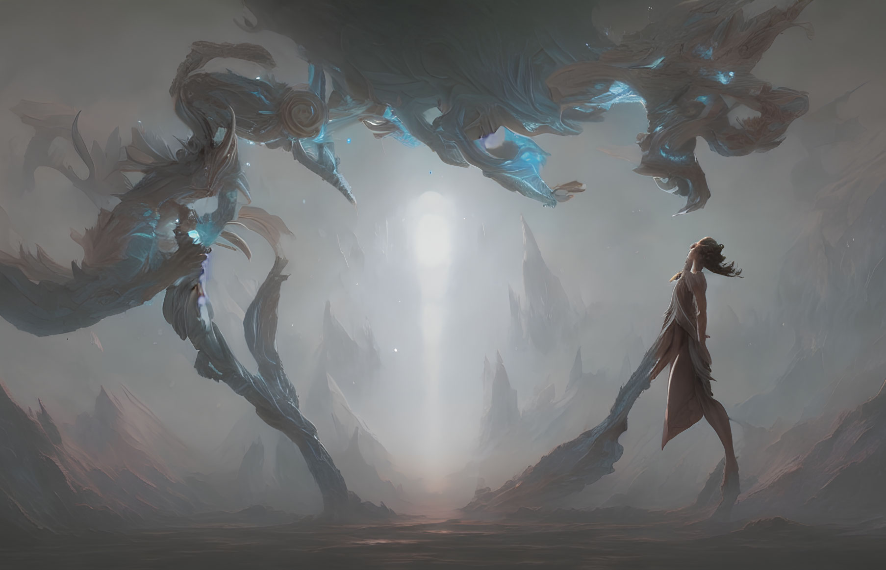 Person in cape surrounded by dragons at luminous portal in misty mountains