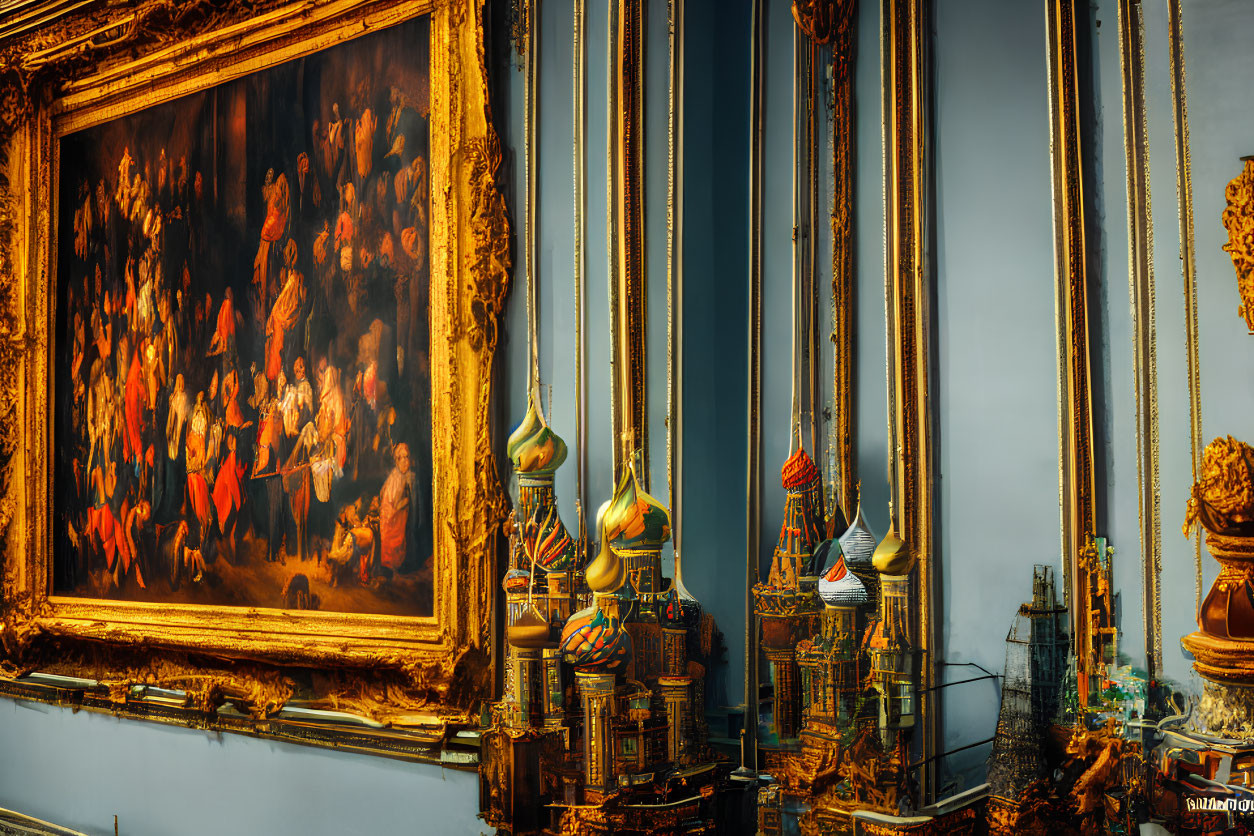 Ornate painting next to mirrored onion-domed towers in luxurious room