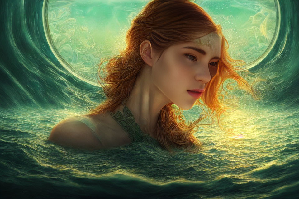 Mystical female figure submerged in water with warm colors