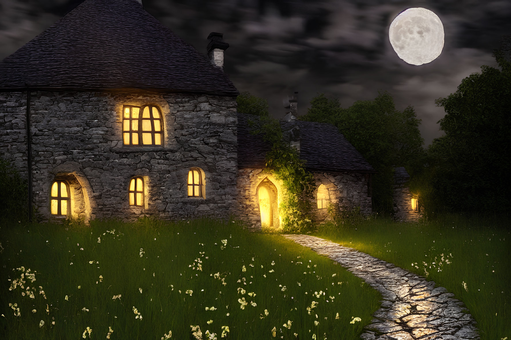 Stone cottage at night with lit windows, cobblestone path, wildflowers, full moon