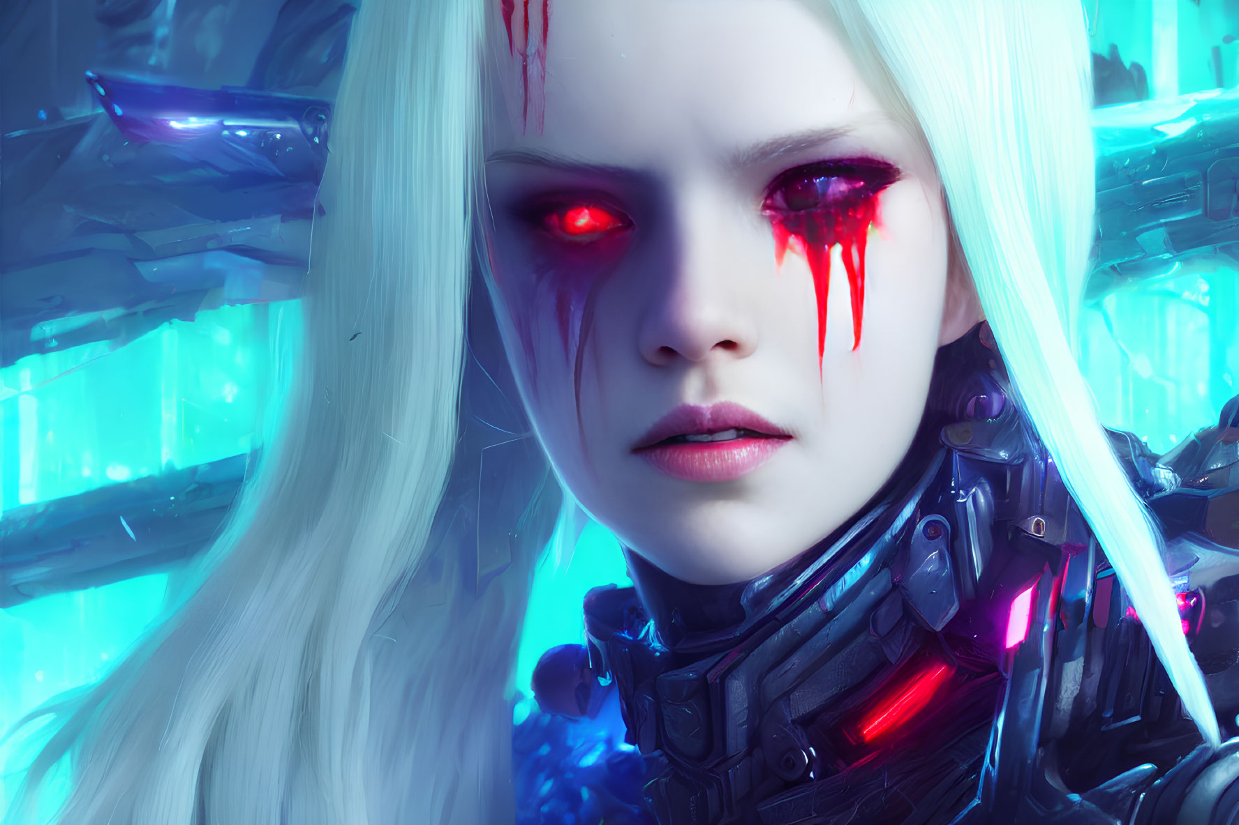 Digital artwork featuring female character with pale skin, white hair, red eyes, and icy blue background