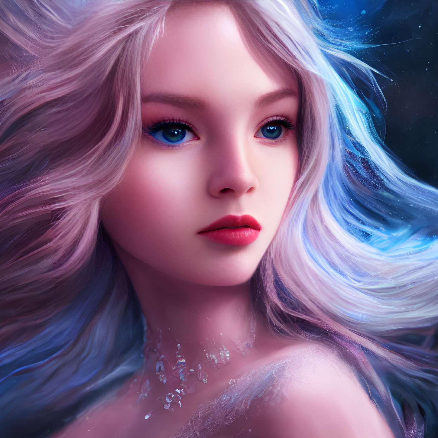 Detailed Digital Portrait of Woman with Striking Blue Eyes and Flowing Hair in Cosmic Setting