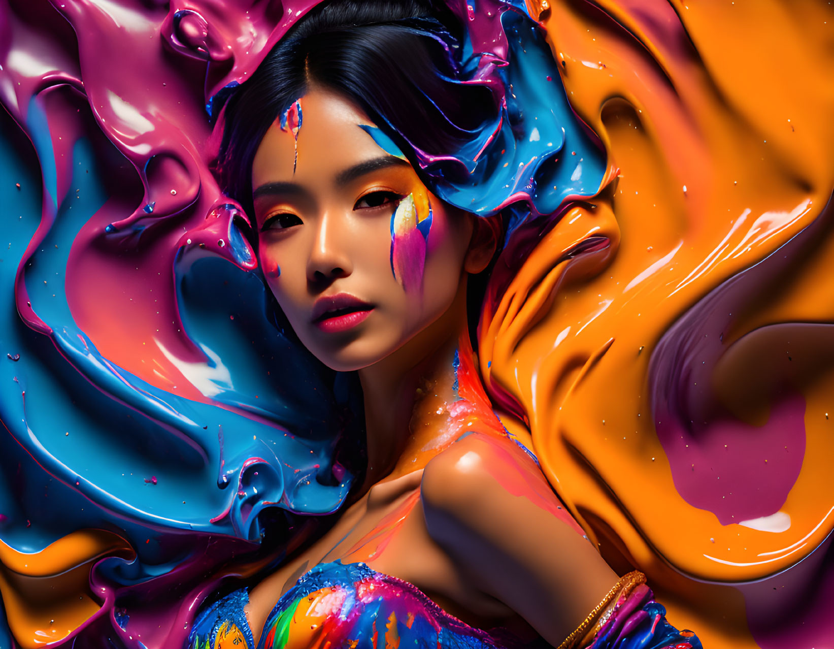 Colorful Woman Covered in Vibrant Paint Swirls