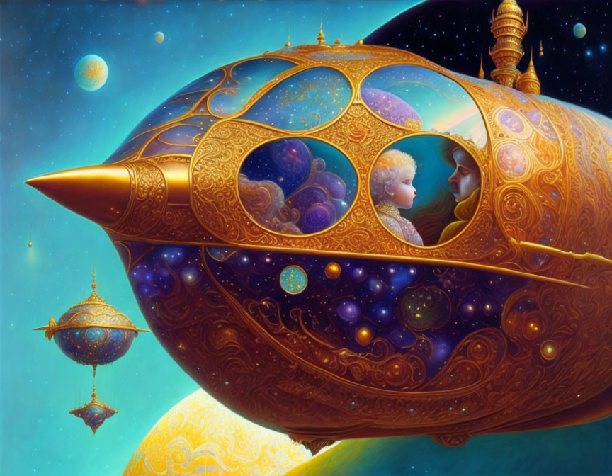 Golden ornate spaceship in starry space with planets and smaller craft