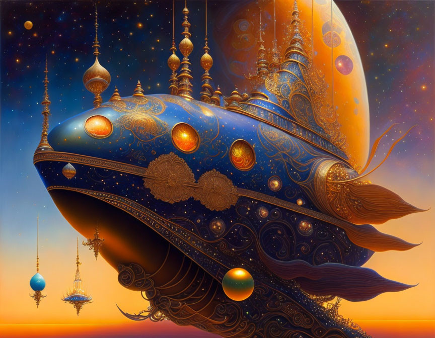 Ornate whale-like airship in starry sky above orange horizon