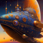 Ornate whale-like airship in starry sky above orange horizon