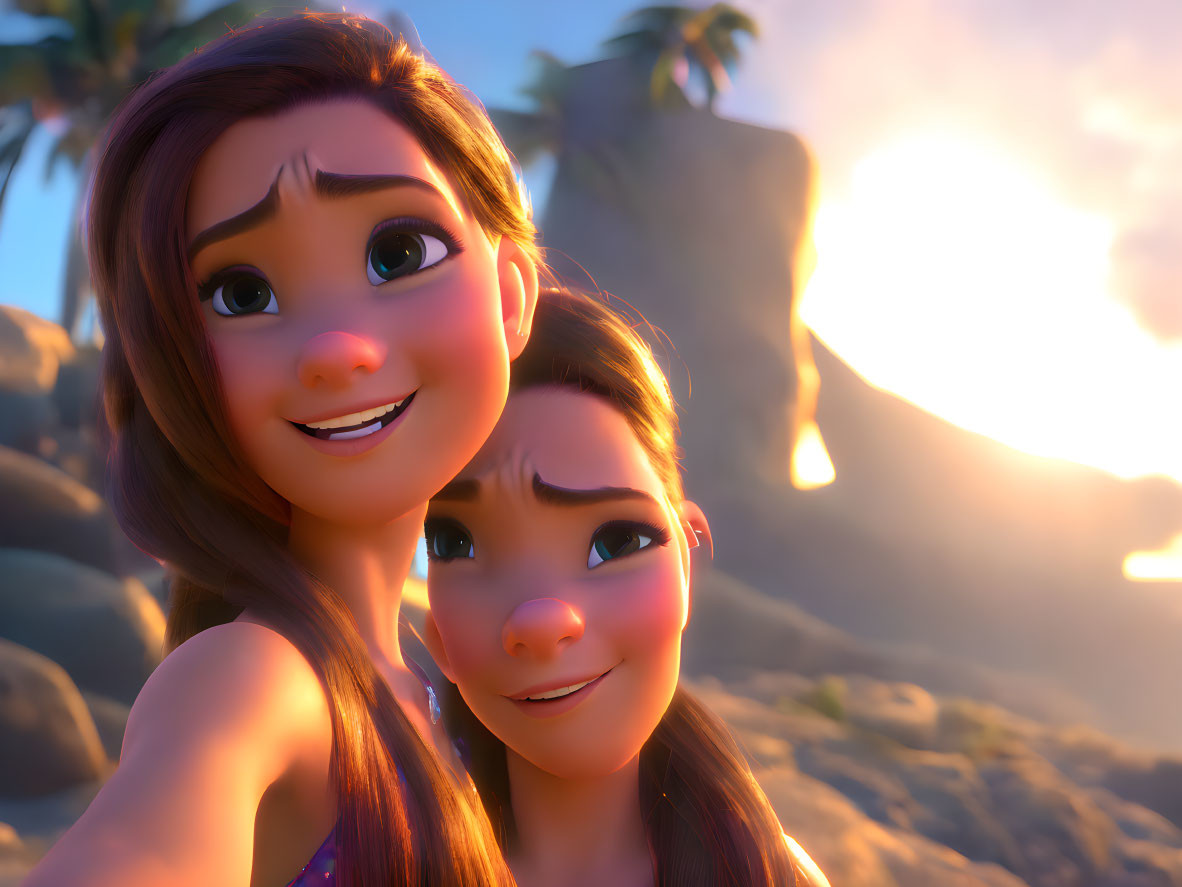 Two smiling female characters in animated sunset scene