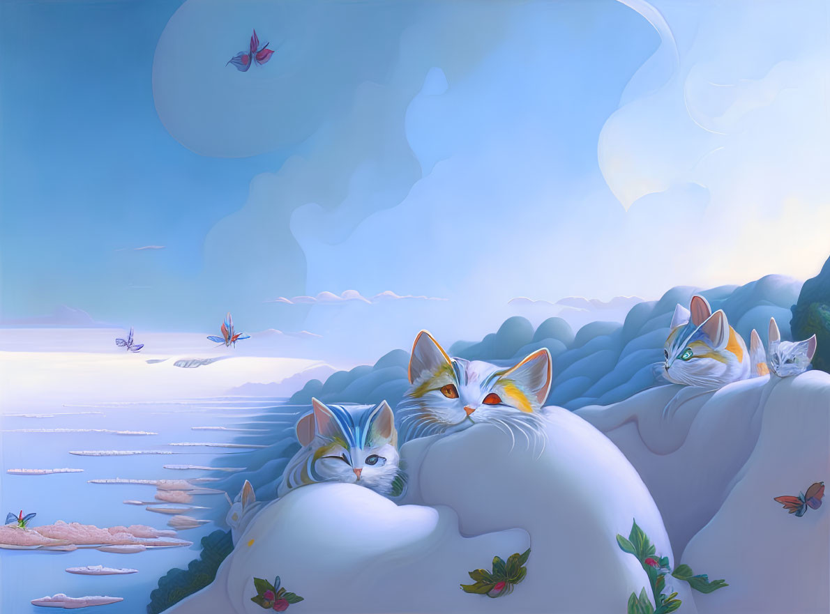 Multicolored cats with butterfly wings in surreal landscape