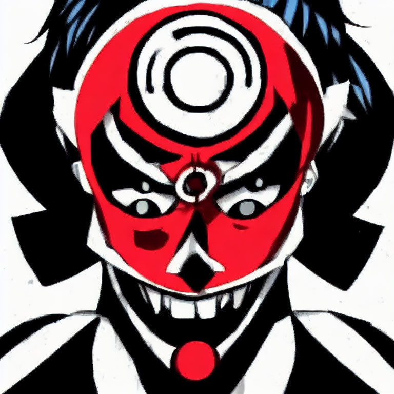 Stylized face with red-and-white design and striking contrasts