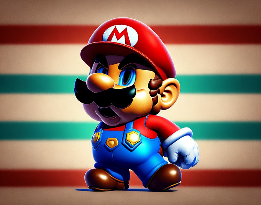 3D rendering of confident Mario against striped backdrop