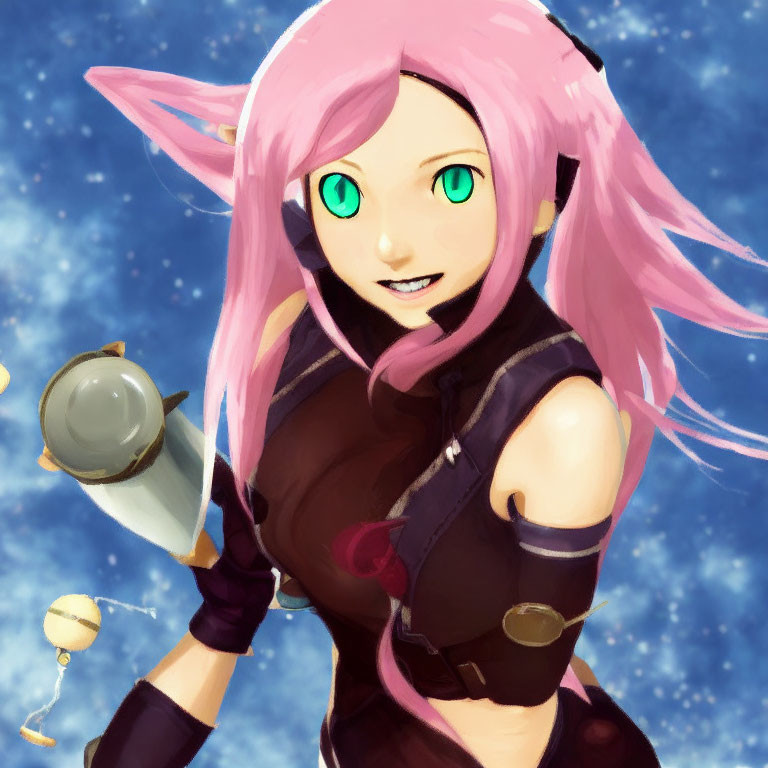 Pink-haired anime character with elf ears in black outfit holding a capsule in starry scene