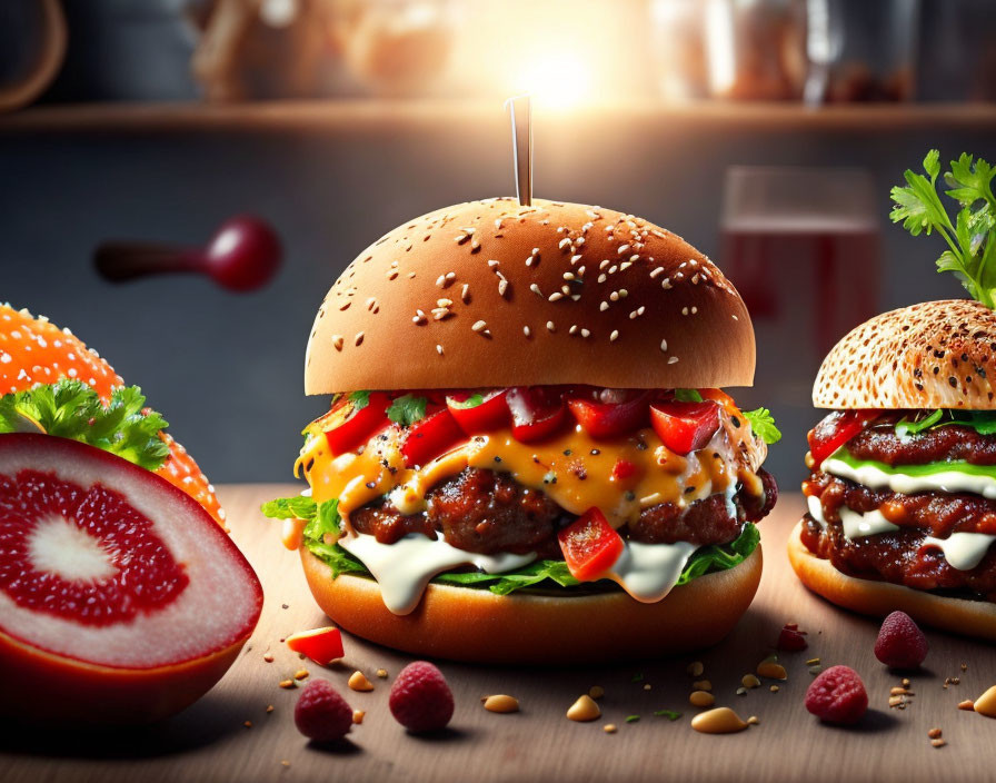 Savory cheeseburger with lettuce and grapefruit on wooden table